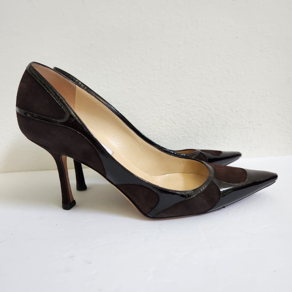 Jimmy Choo Brown Suede and Patent Leather Heels - Picture 5 of 16